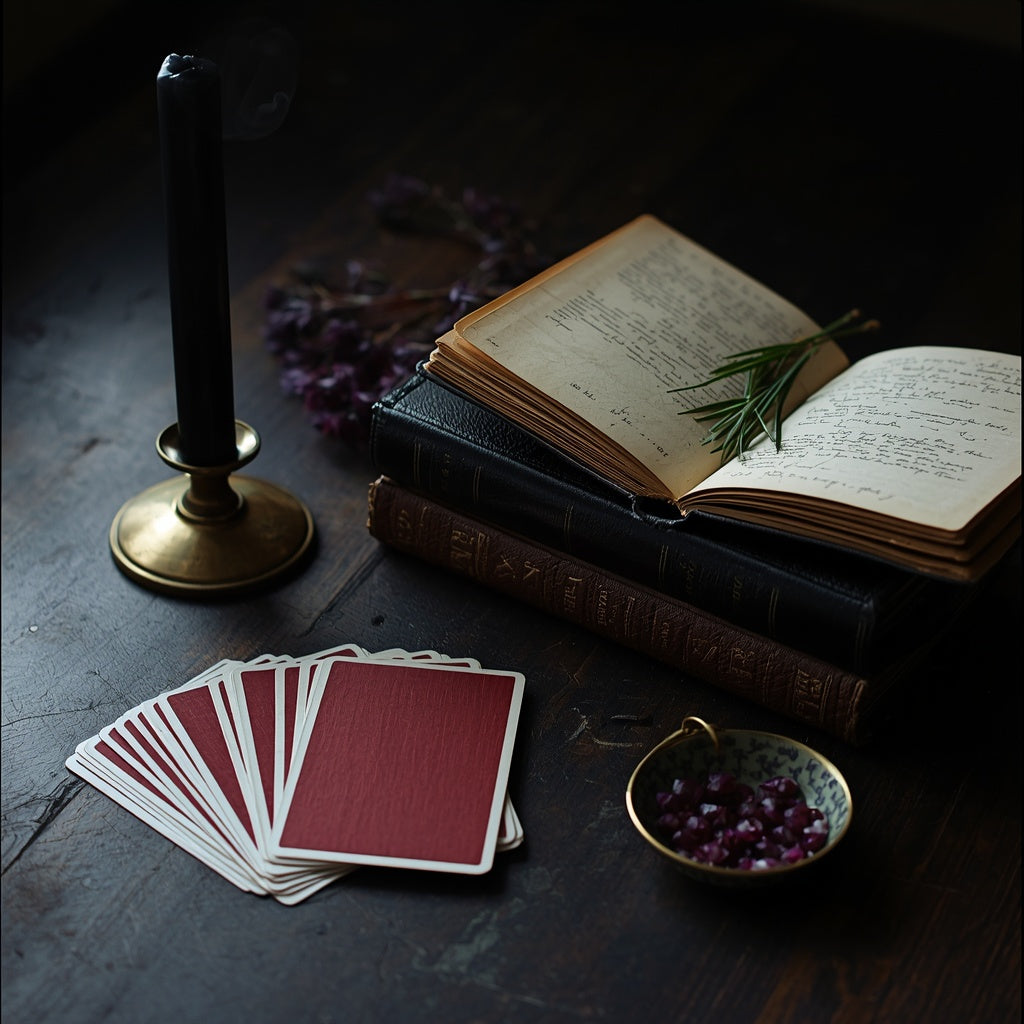 Worn second-hand witchcraft books beside a used tarot deck and a black candle