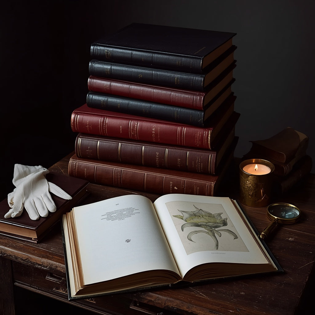 A stack of large used art books with glossy spines beside a magnifying glass and a brass candlestick