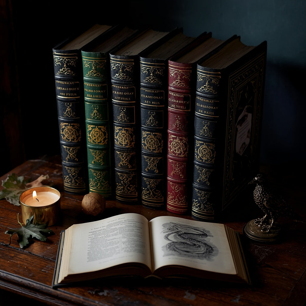 A row of ornate foil-stamped mythology hardbacks on a dark bookshop table beside a candle and oak leaves